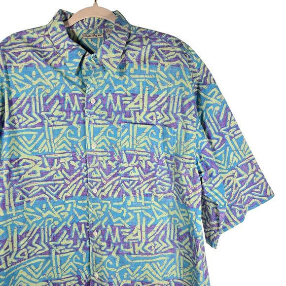 VINTAGE Bugle Boy Shirt Mens XL Blue Purple Abstract Geometric Button Front 90s - Picture 5 of 12